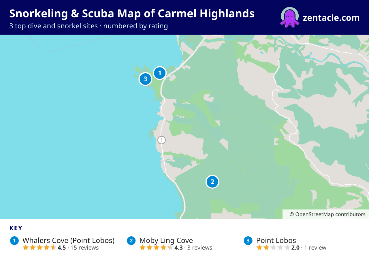 Snorkeling & Scuba Map of Carmel Highlands: numbered map of the top 3 dive and snorkel sites, with ratings