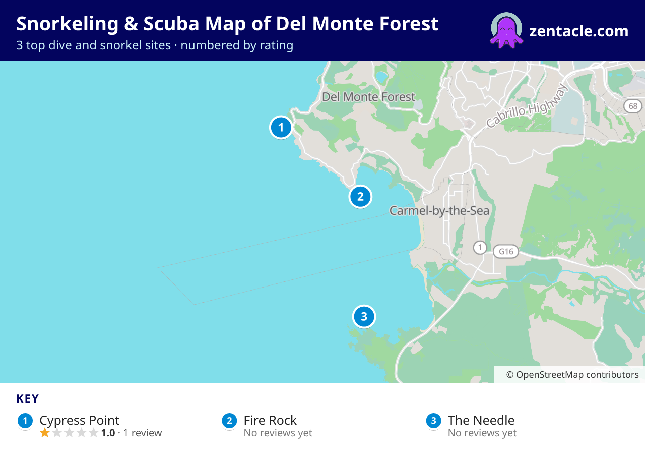 Snorkeling & Scuba Map of Del Monte Forest: numbered map of the top 3 dive and snorkel sites, with ratings