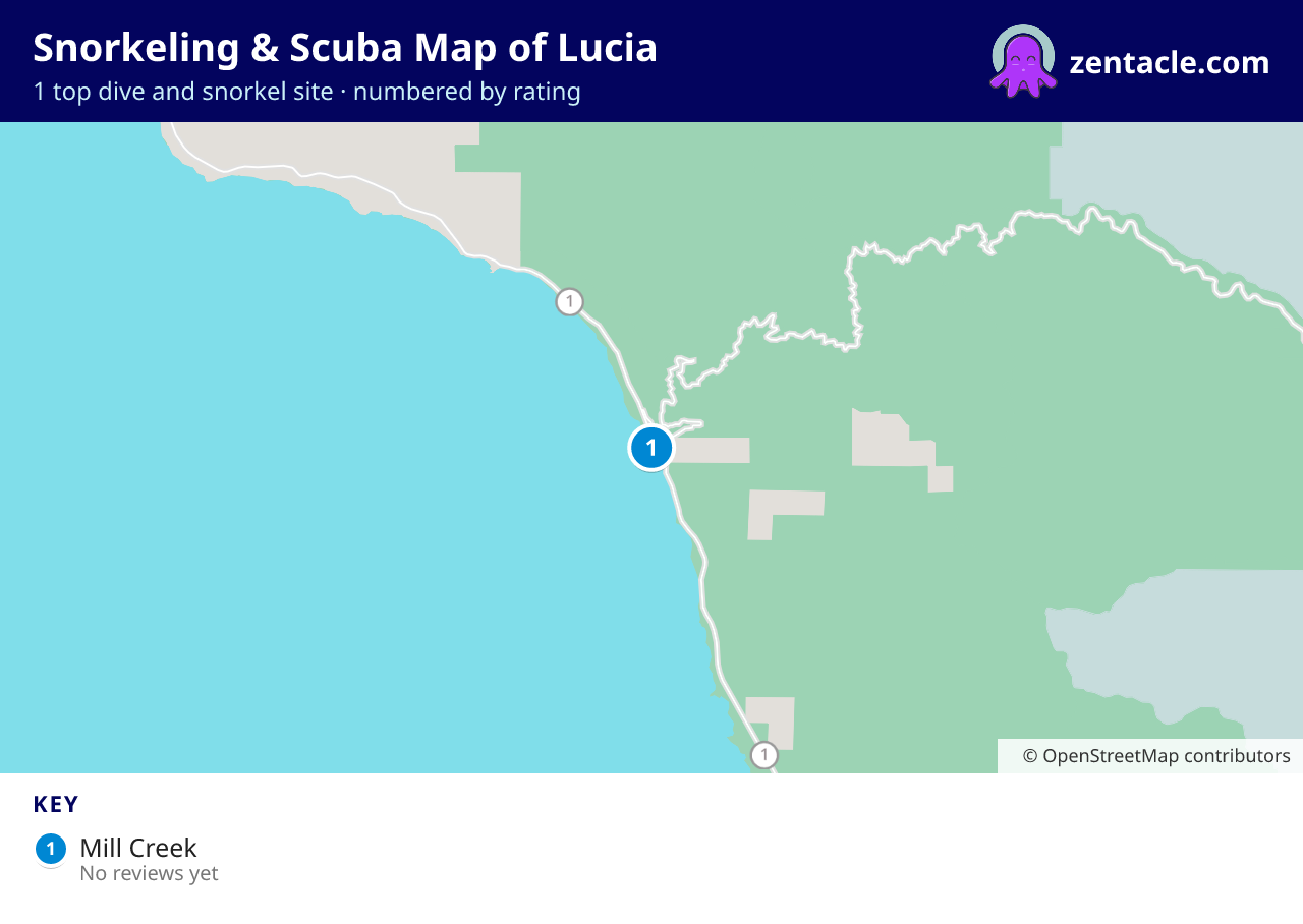 Snorkeling & Scuba Map of Lucia: numbered map of the top 1 dive and snorkel sites, with ratings