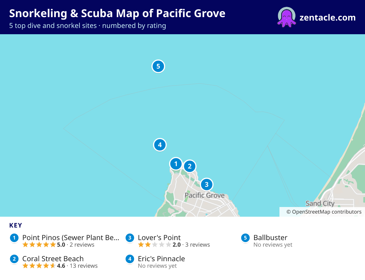 Snorkeling & Scuba Map of Pacific Grove: numbered map of the top 5 dive and snorkel sites, with ratings