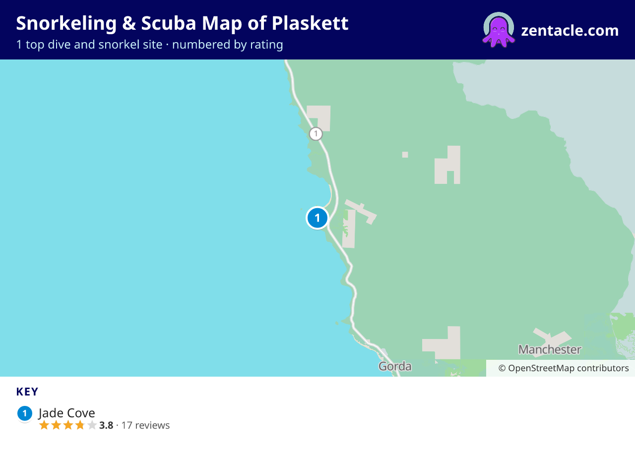 Snorkeling & Scuba Map of Plaskett: numbered map of the top 1 dive and snorkel sites, with ratings