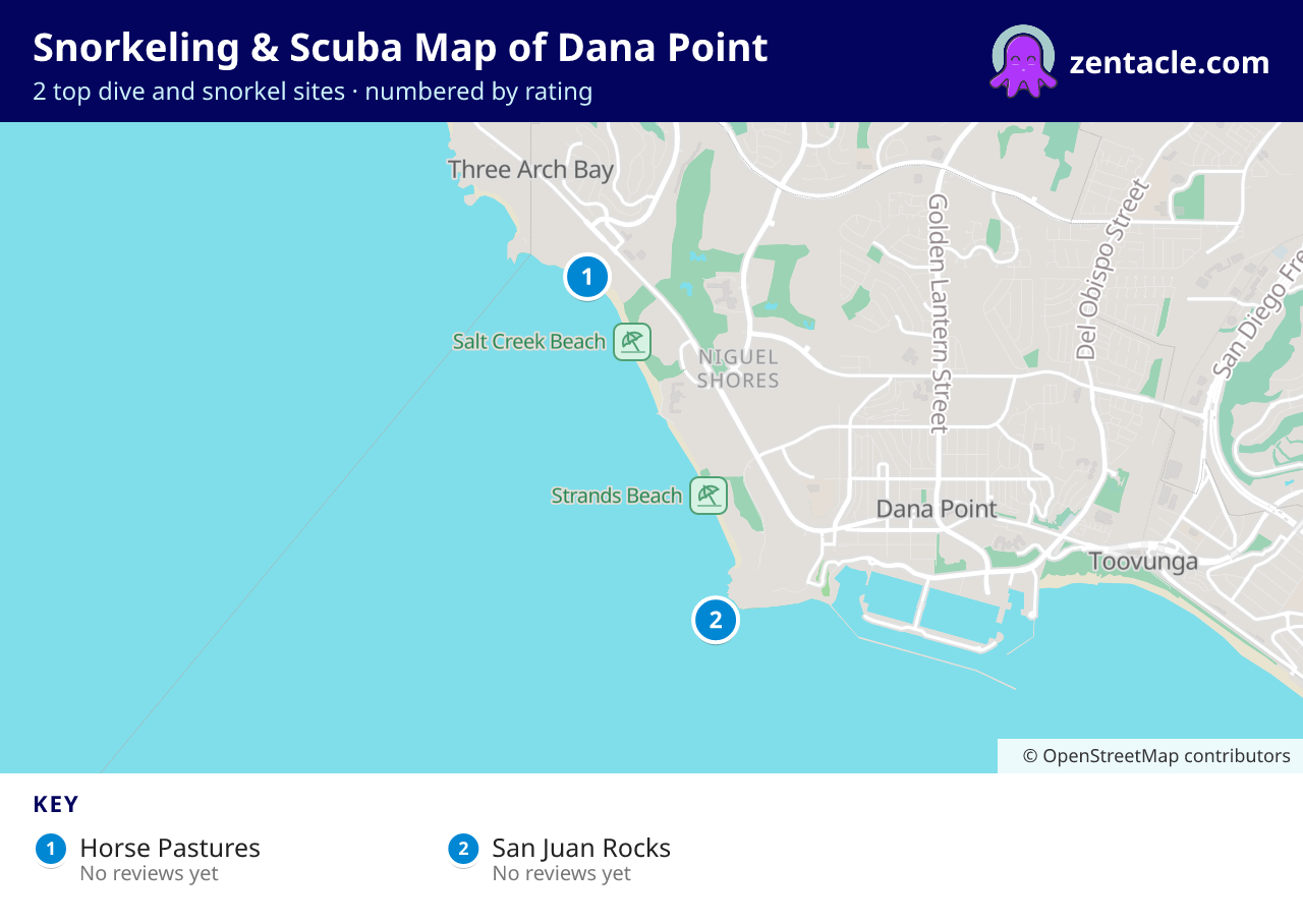 Snorkeling & Scuba Map of Dana Point: numbered map of the top 2 dive and snorkel sites, with ratings