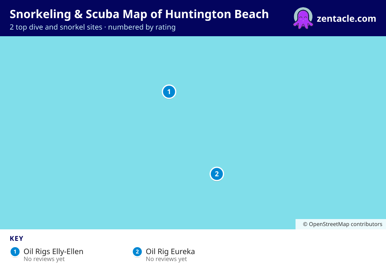 Snorkeling & Scuba Map of Huntington Beach: numbered map of the top 2 dive and snorkel sites, with ratings