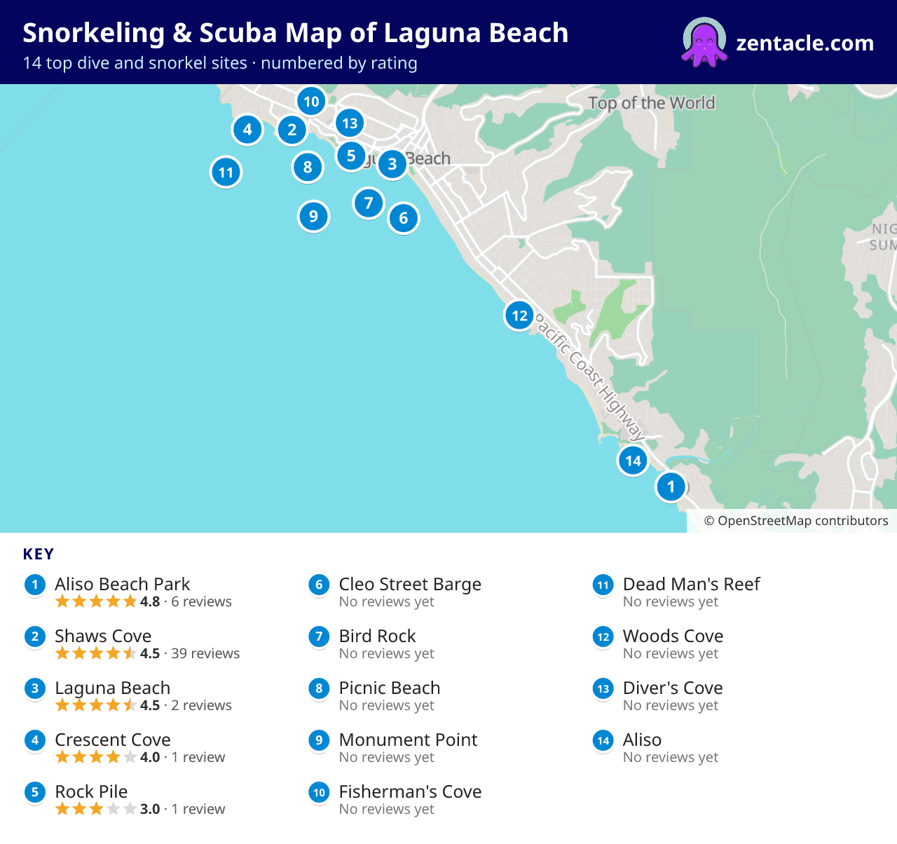 Snorkeling & Scuba Map of Laguna Beach: numbered map of the top 14 dive and snorkel sites, with ratings