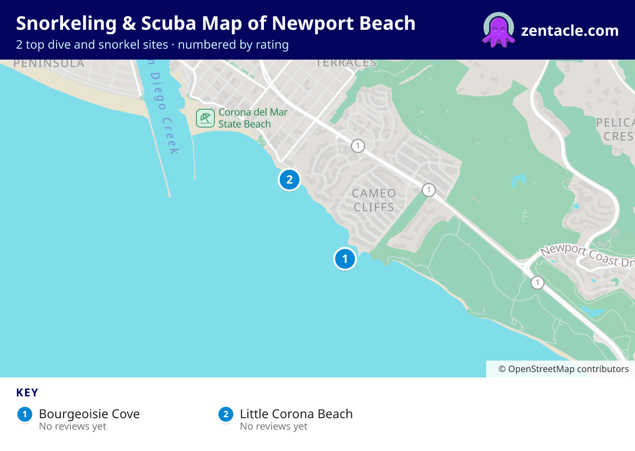 Snorkeling & Scuba Map of Newport Beach: numbered map of the top 2 dive and snorkel sites, with ratings