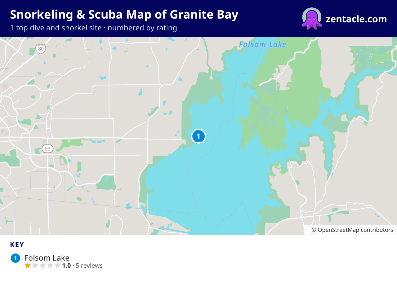 Snorkeling & Scuba Map of Granite Bay: numbered map of the top 1 dive and snorkel sites, with ratings