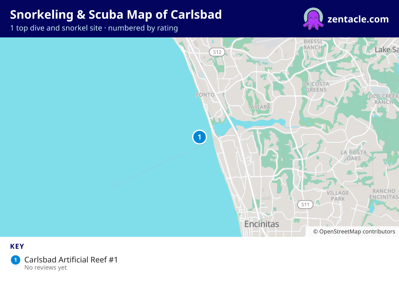 Snorkeling & Scuba Map of Carlsbad: numbered map of the top 1 dive and snorkel sites, with ratings