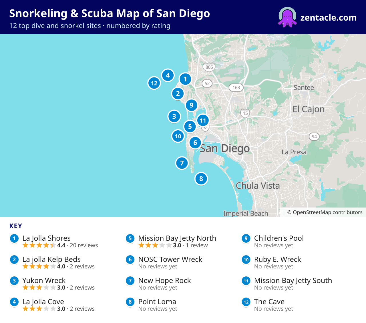 Snorkeling & Scuba Map of San Diego: numbered map of the top 12 dive and snorkel sites, with ratings