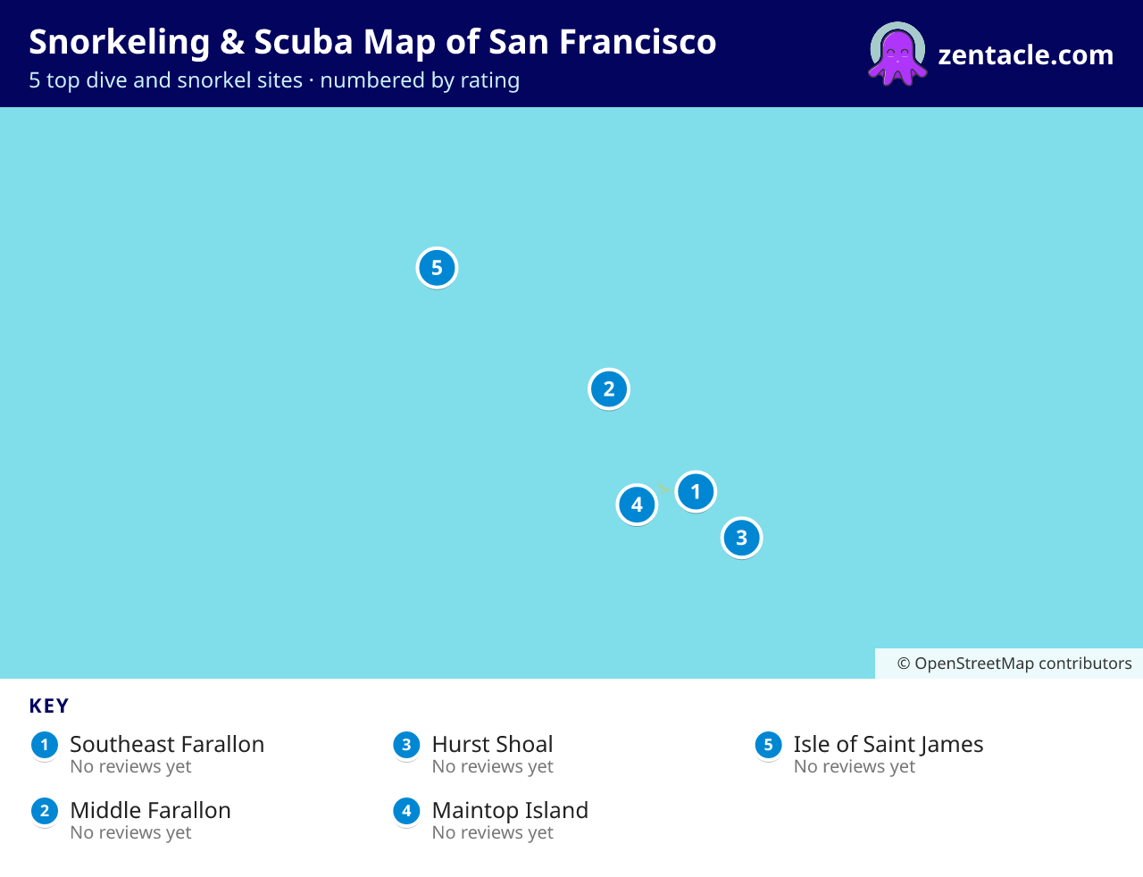 Snorkeling & Scuba Map of San Francisco: numbered map of the top 5 dive and snorkel sites, with ratings