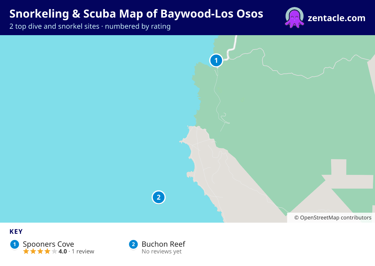 Snorkeling & Scuba Map of Baywood-Los Osos: numbered map of the top 2 dive and snorkel sites, with ratings