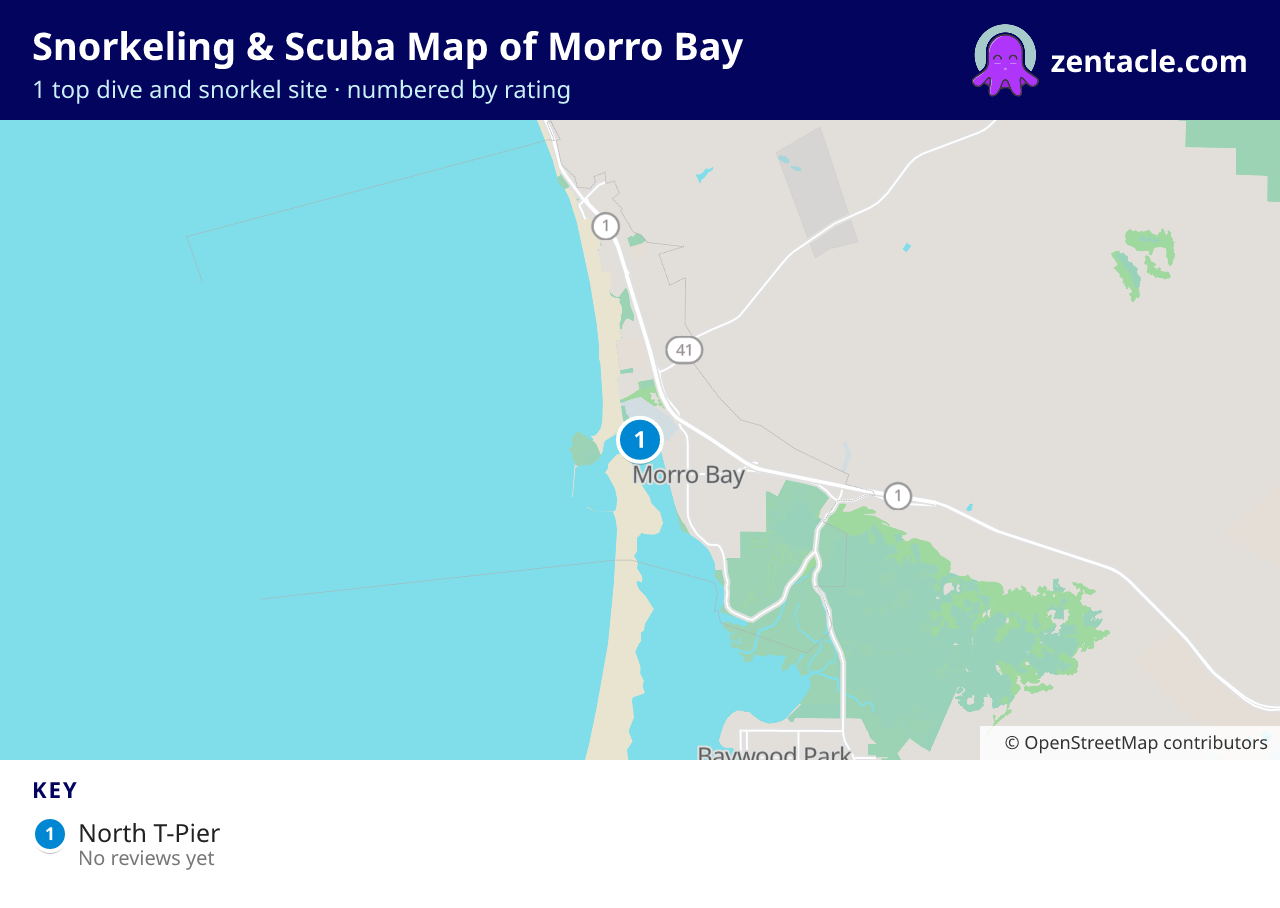 Snorkeling & Scuba Map of Morro Bay: numbered map of the top 1 dive and snorkel sites, with ratings