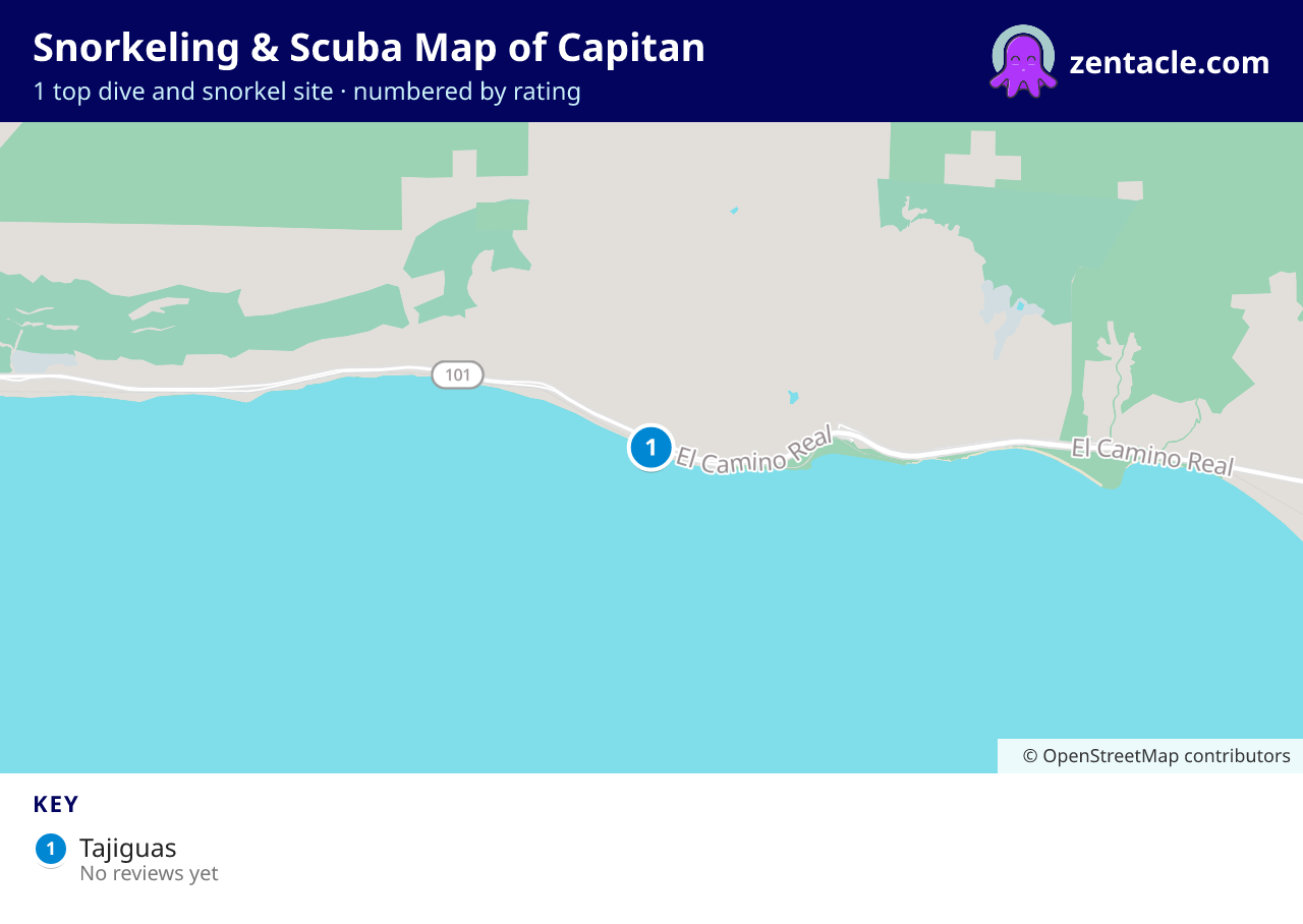 Snorkeling & Scuba Map of Capitan: numbered map of the top 1 dive and snorkel sites, with ratings