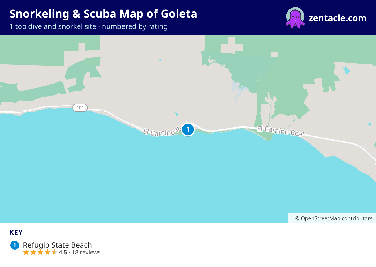 Snorkeling & Scuba Map of Goleta: numbered map of the top 1 dive and snorkel sites, with ratings