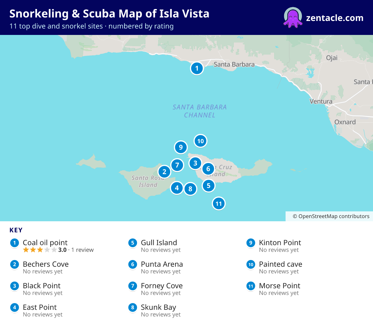Snorkeling & Scuba Map of Isla Vista: numbered map of the top 11 dive and snorkel sites, with ratings