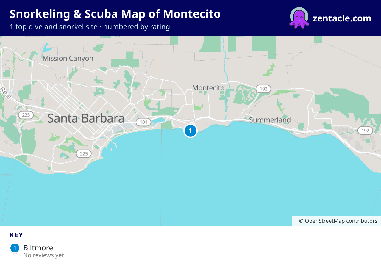 Snorkeling & Scuba Map of Montecito: numbered map of the top 1 dive and snorkel sites, with ratings