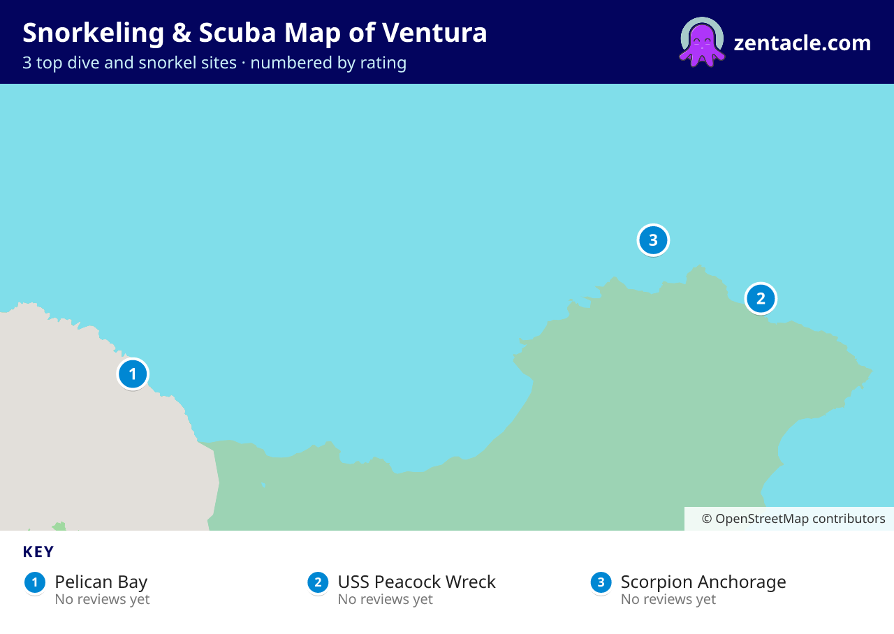 Snorkeling & Scuba Map of Ventura: numbered map of the top 3 dive and snorkel sites, with ratings
