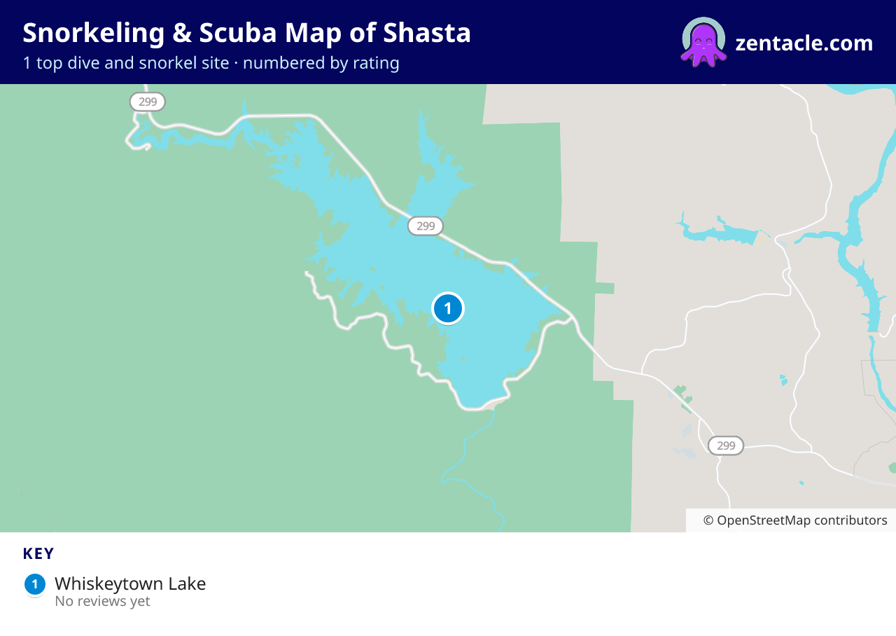 Snorkeling & Scuba Map of Shasta: numbered map of the top 1 dive and snorkel sites, with ratings