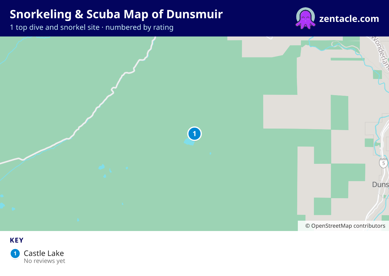Snorkeling & Scuba Map of Dunsmuir: numbered map of the top 1 dive and snorkel sites, with ratings