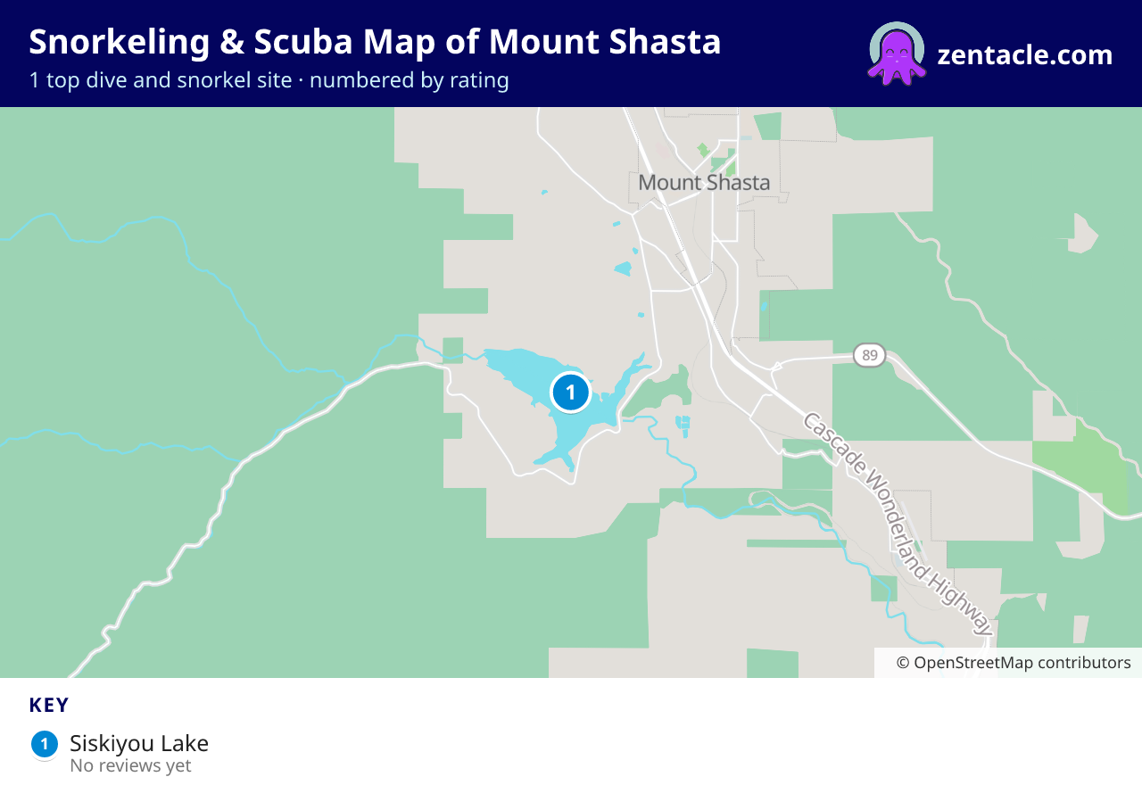 Snorkeling & Scuba Map of Mount Shasta: numbered map of the top 1 dive and snorkel sites, with ratings