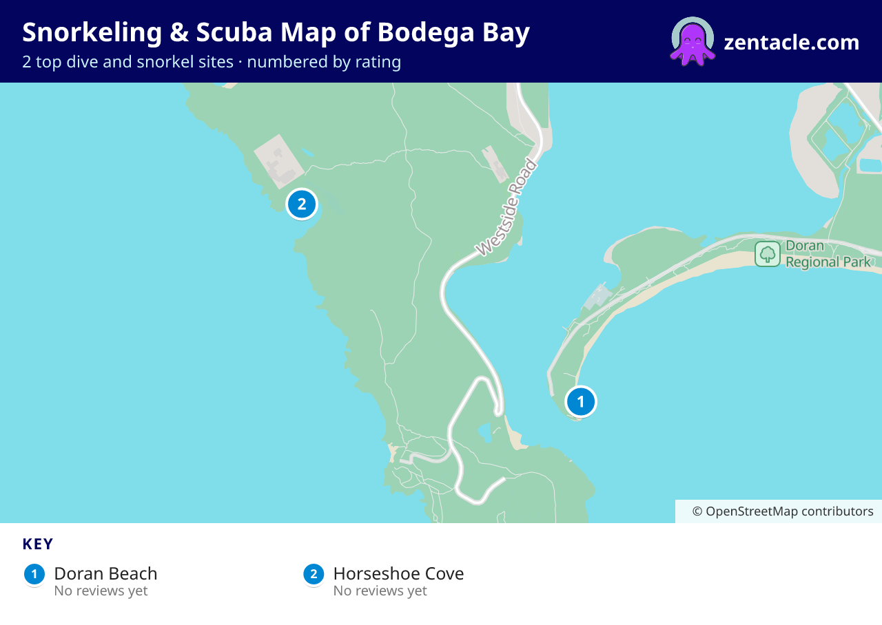 Snorkeling & Scuba Map of Bodega Bay: numbered map of the top 2 dive and snorkel sites, with ratings