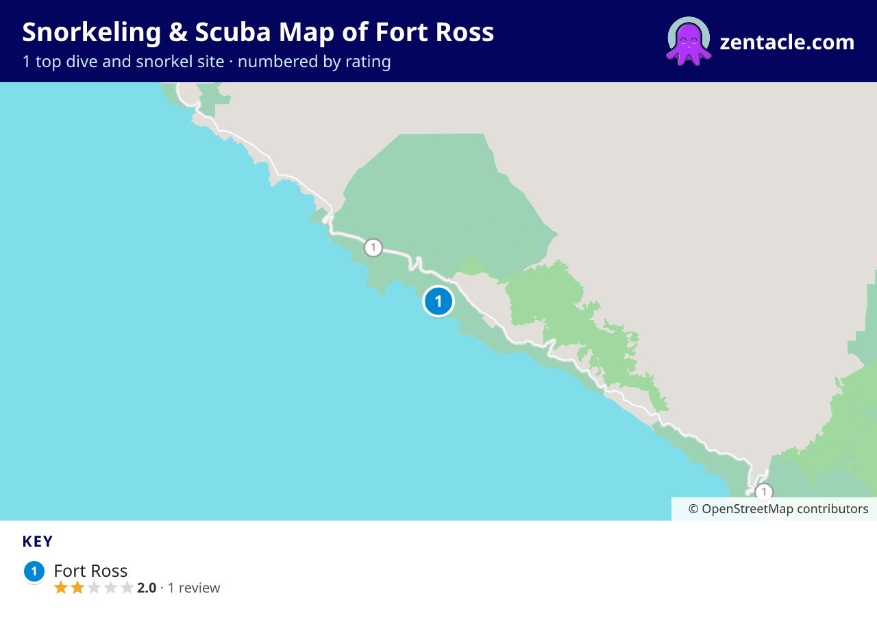 Snorkeling & Scuba Map of Fort Ross: numbered map of the top 1 dive and snorkel sites, with ratings