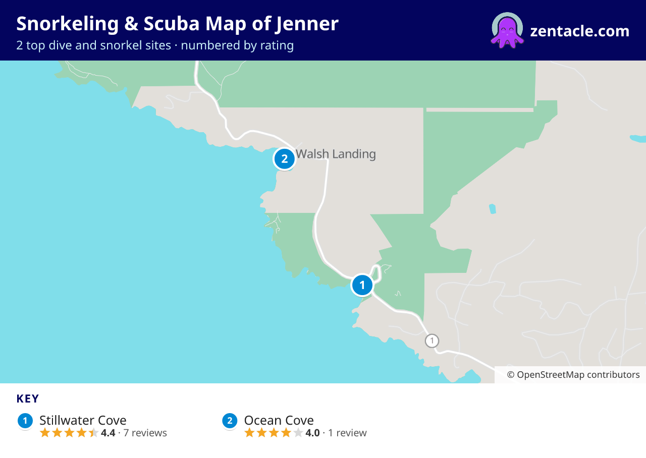 Snorkeling & Scuba Map of Jenner: numbered map of the top 2 dive and snorkel sites, with ratings