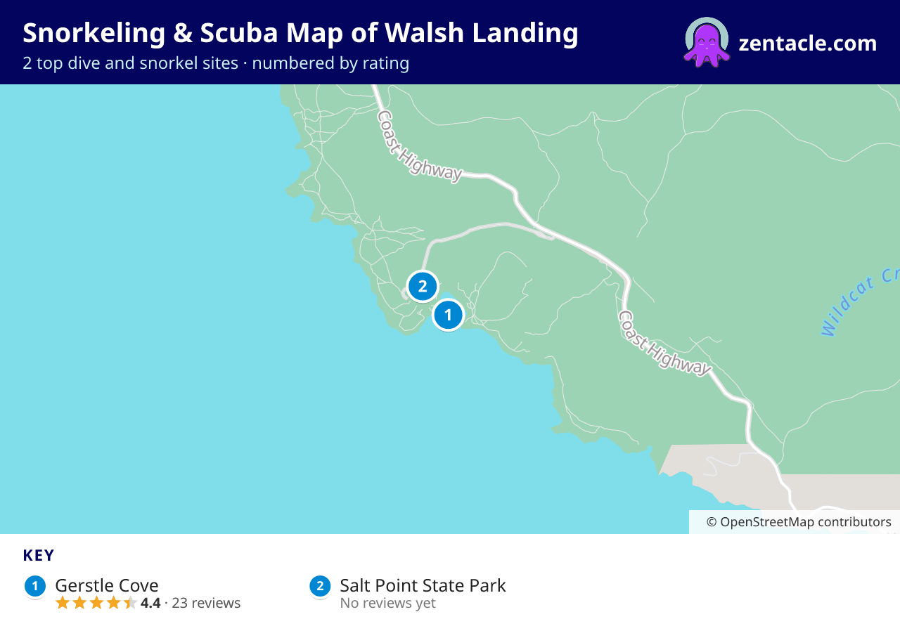 Snorkeling & Scuba Map of Walsh Landing: numbered map of the top 2 dive and snorkel sites, with ratings