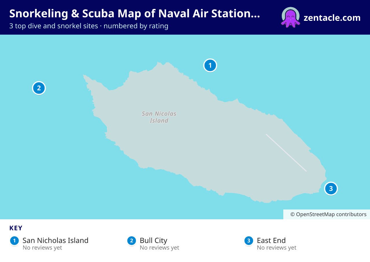 Snorkeling & Scuba Map of Naval Air Station Point Mugu: numbered map of the top 3 dive and snorkel sites, with ratings