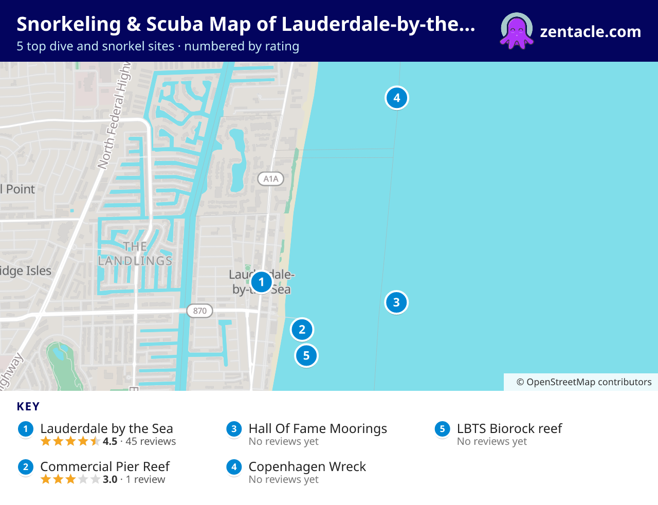 Snorkeling & Scuba Map of Lauderdale-by-the-Sea: numbered map of the top 5 dive and snorkel sites, with ratings