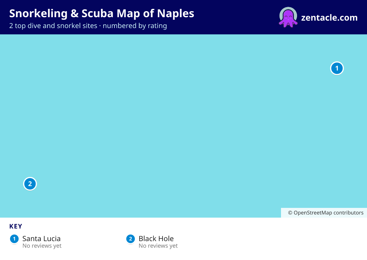Snorkeling & Scuba Map of Naples: numbered map of the top 2 dive and snorkel sites, with ratings