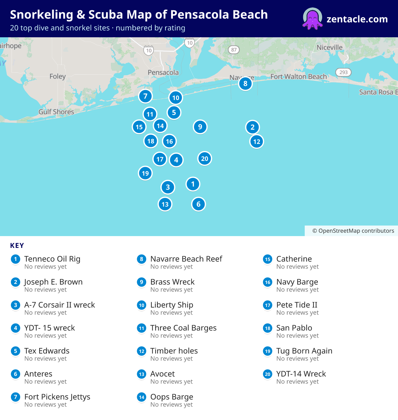 Snorkeling & Scuba Map of Pensacola Beach: numbered map of the top 20 dive and snorkel sites, with ratings