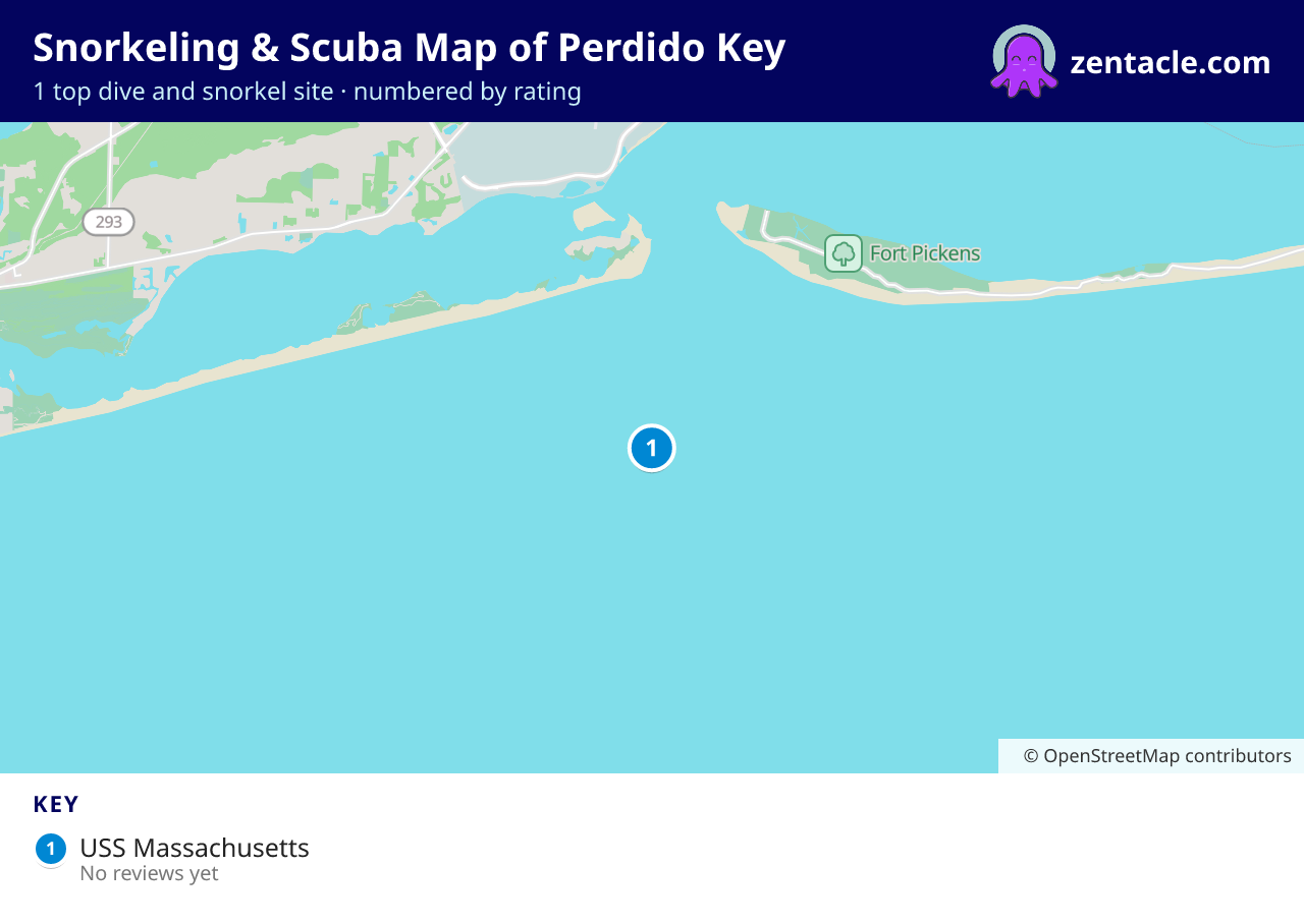 Snorkeling & Scuba Map of Perdido Key: numbered map of the top 1 dive and snorkel sites, with ratings