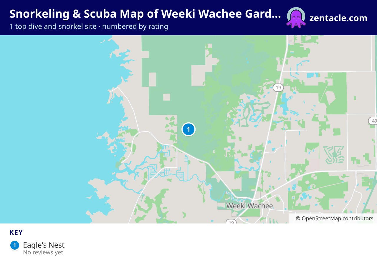 Snorkeling & Scuba Map of Weeki Wachee Gardens: numbered map of the top 1 dive and snorkel sites, with ratings