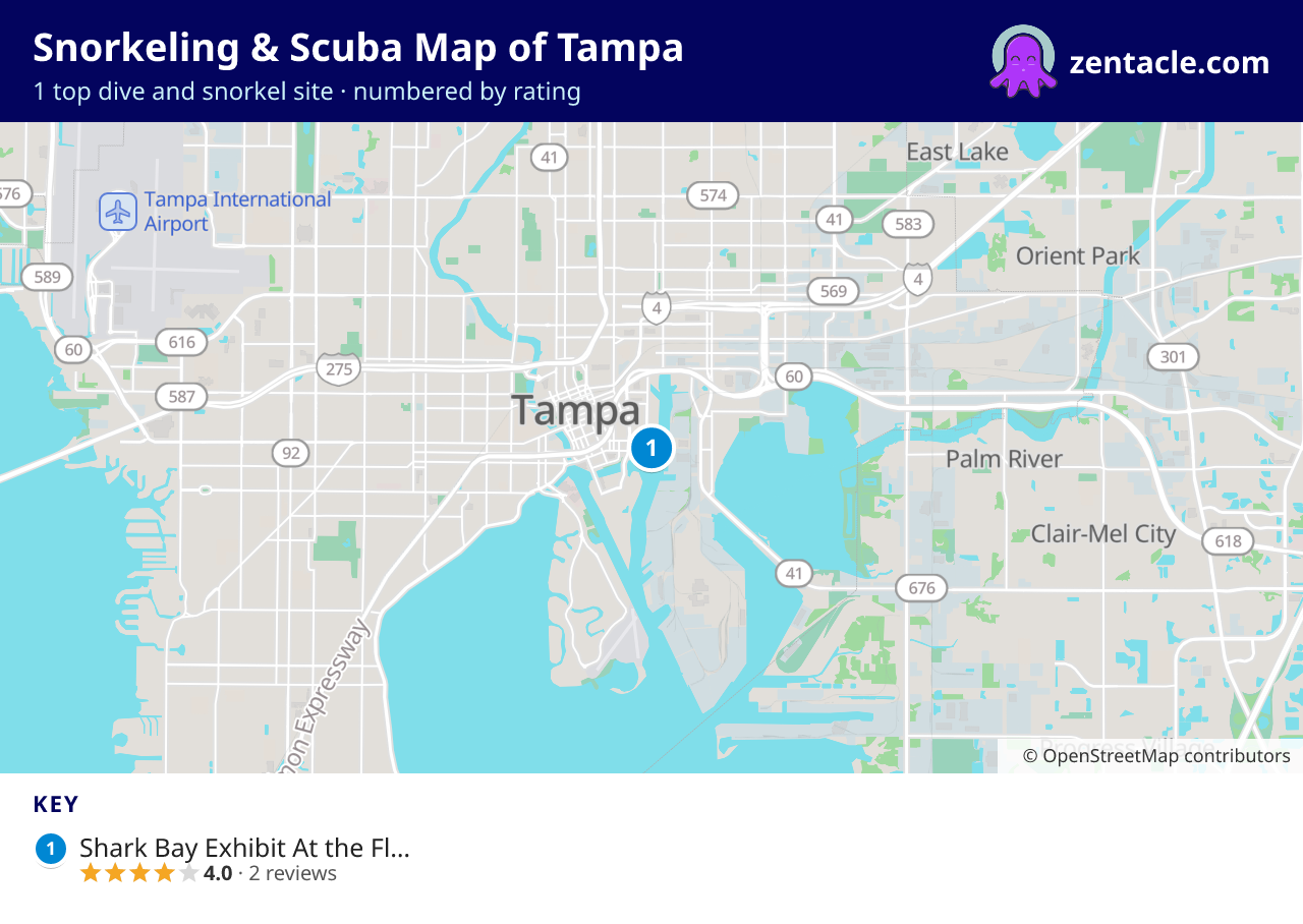 Snorkeling & Scuba Map of Tampa: numbered map of the top 1 dive and snorkel sites, with ratings