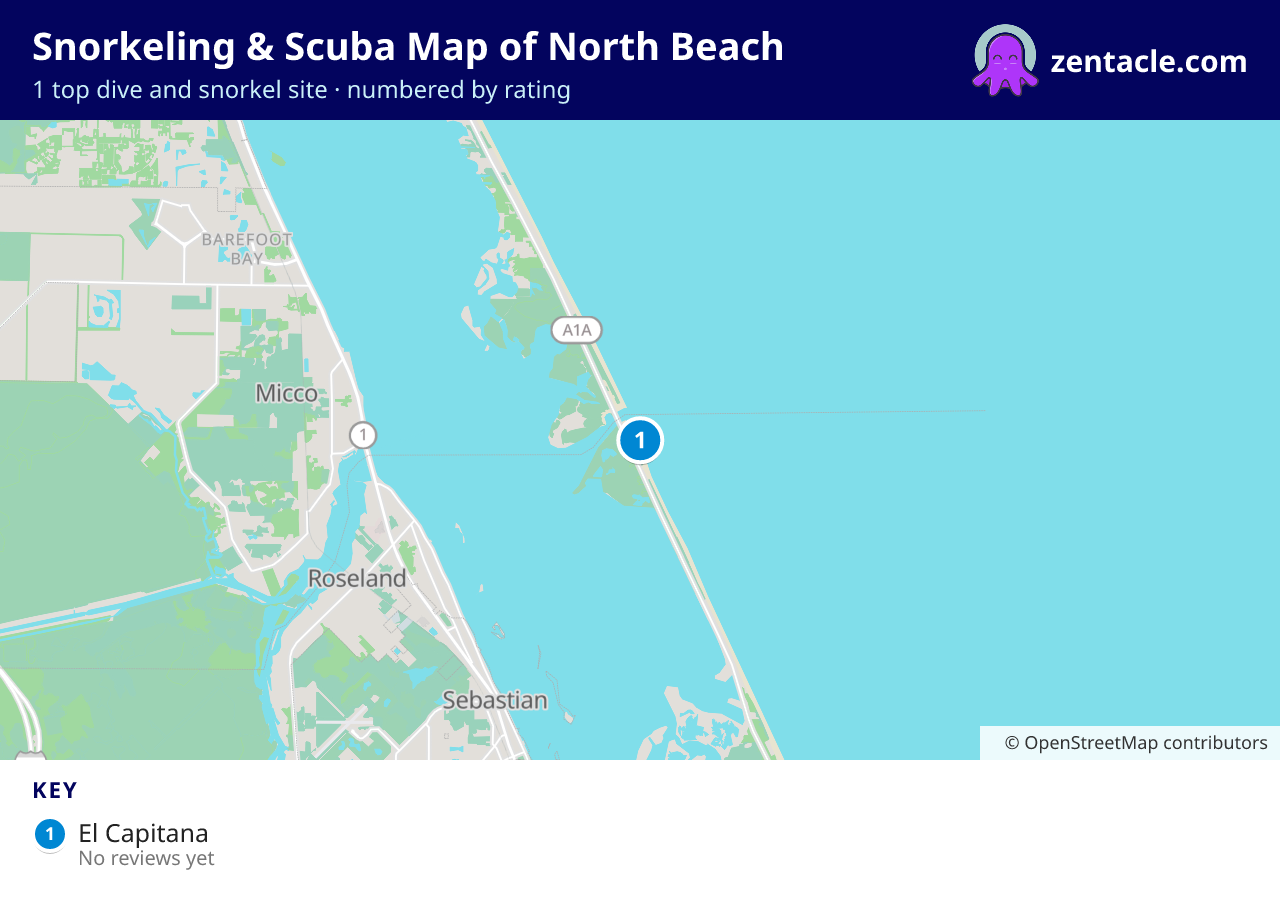 Snorkeling & Scuba Map of North Beach: numbered map of the top 1 dive and snorkel sites, with ratings
