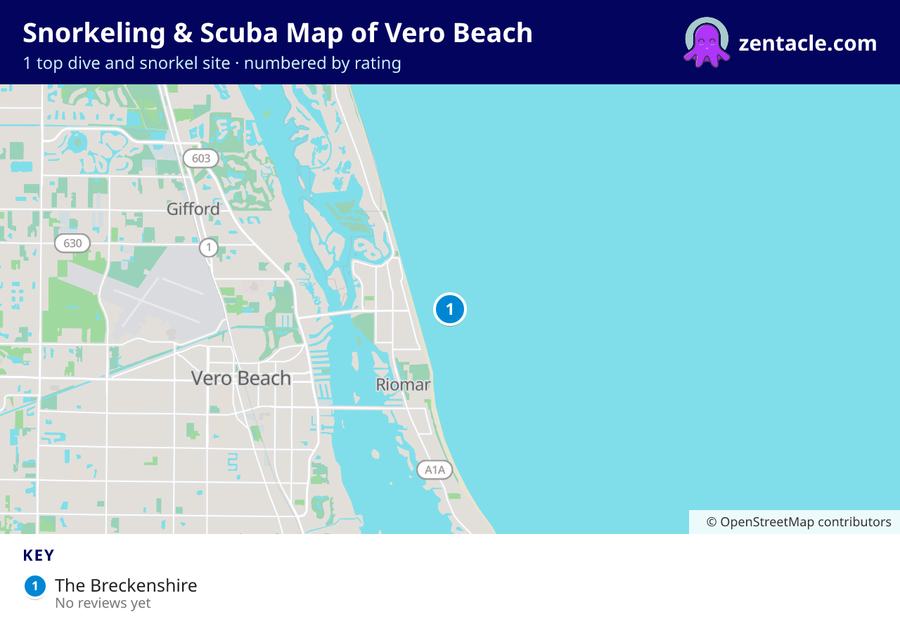 Snorkeling & Scuba Map of Vero Beach: numbered map of the top 1 dive and snorkel sites, with ratings