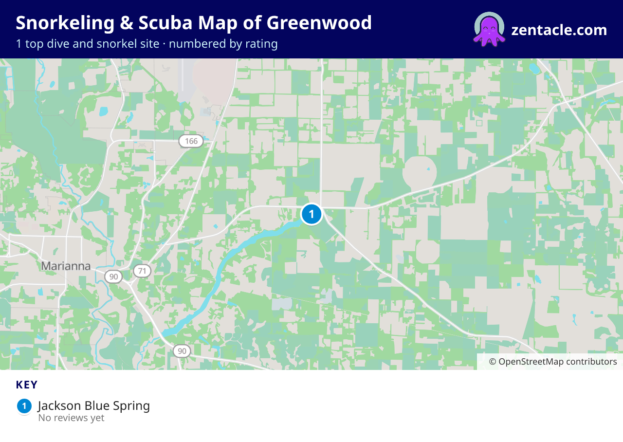 Snorkeling & Scuba Map of Greenwood: numbered map of the top 1 dive and snorkel sites, with ratings