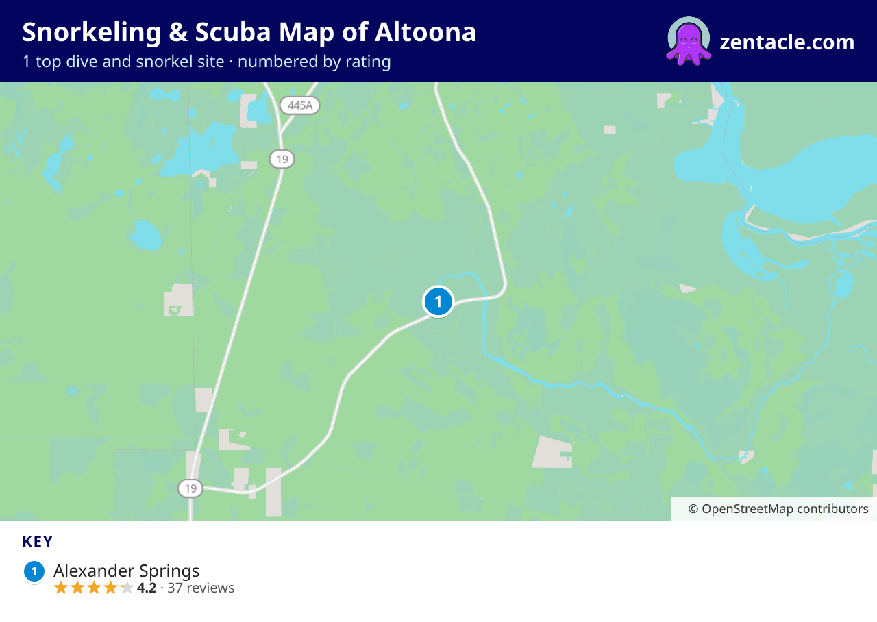 Snorkeling & Scuba Map of Altoona: numbered map of the top 1 dive and snorkel sites, with ratings