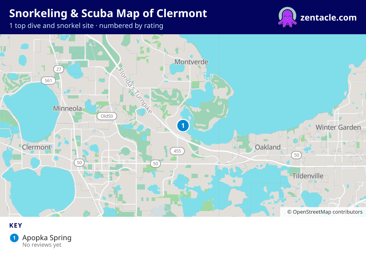 Snorkeling & Scuba Map of Clermont: numbered map of the top 1 dive and snorkel sites, with ratings