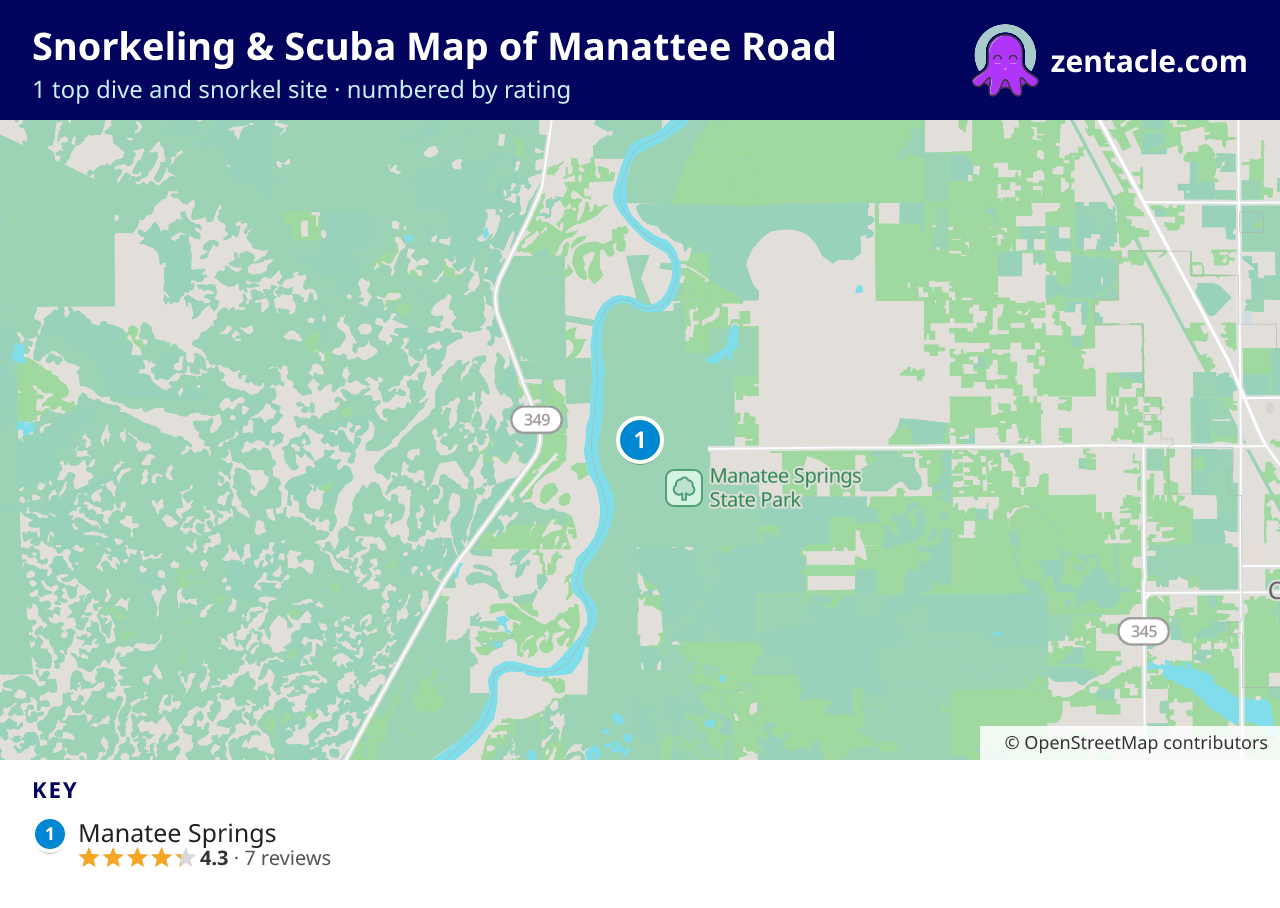 Snorkeling & Scuba Map of Manattee Road: numbered map of the top 1 dive and snorkel sites, with ratings