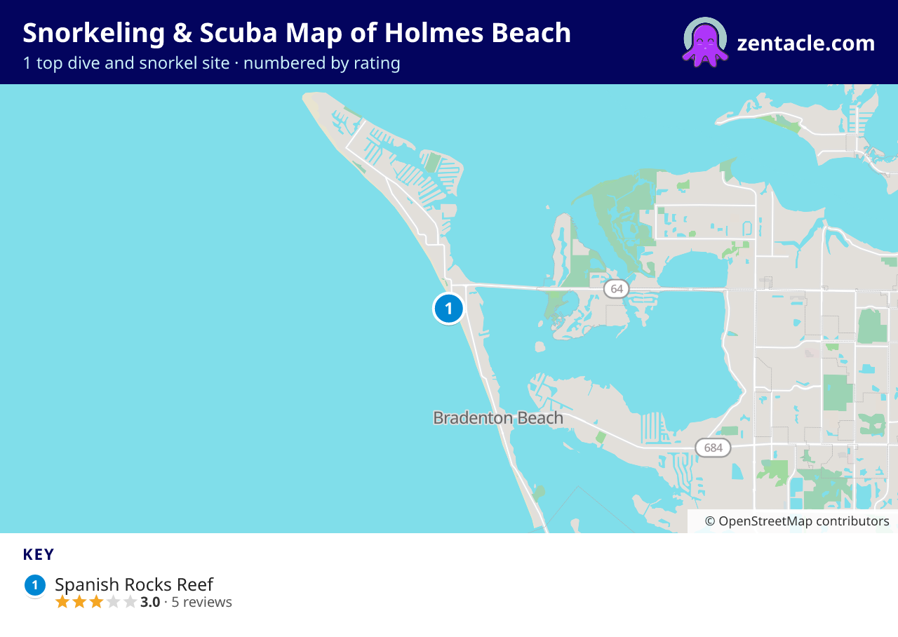 Snorkeling & Scuba Map of Holmes Beach: numbered map of the top 1 dive and snorkel sites, with ratings
