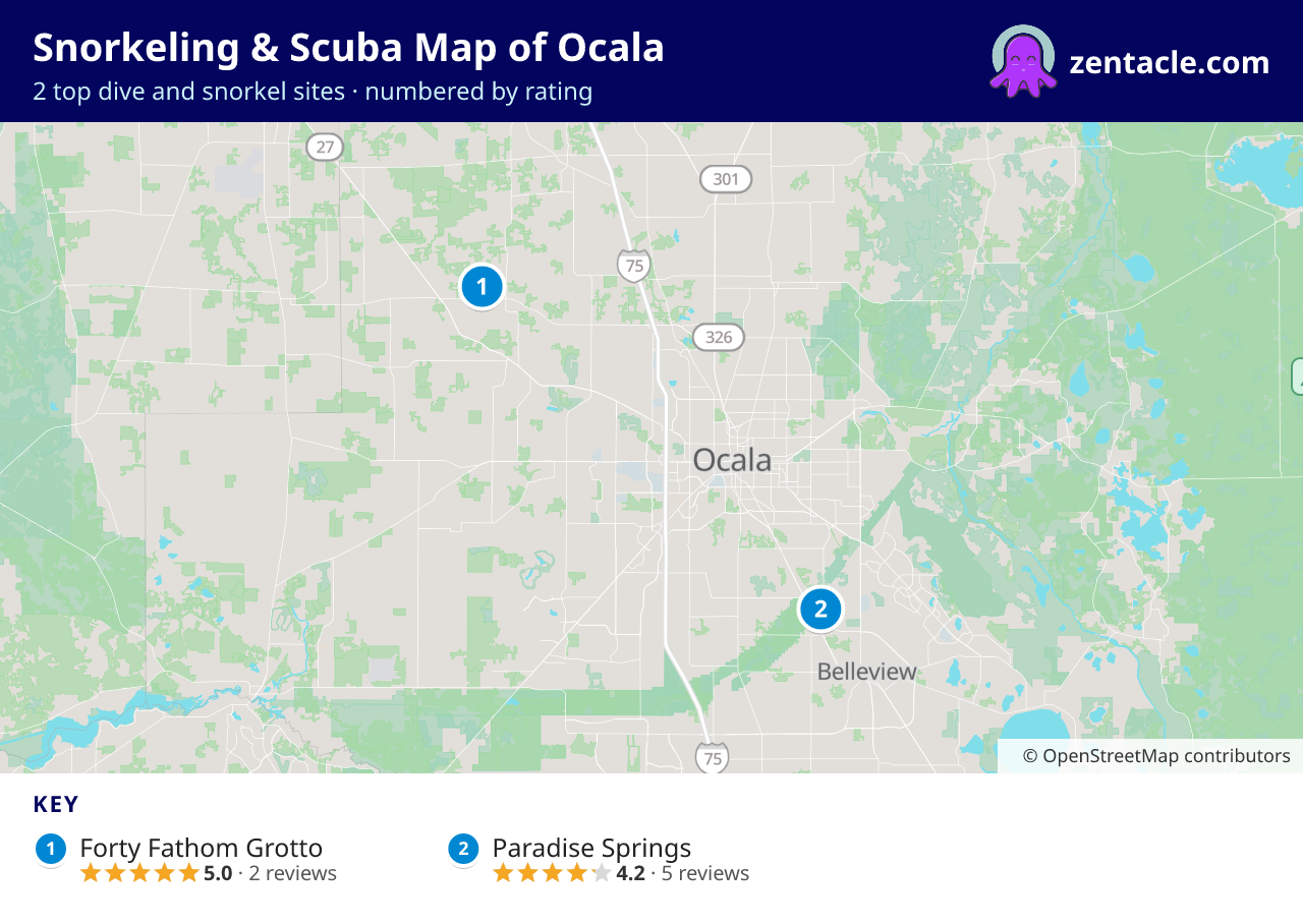 Snorkeling & Scuba Map of Ocala: numbered map of the top 2 dive and snorkel sites, with ratings