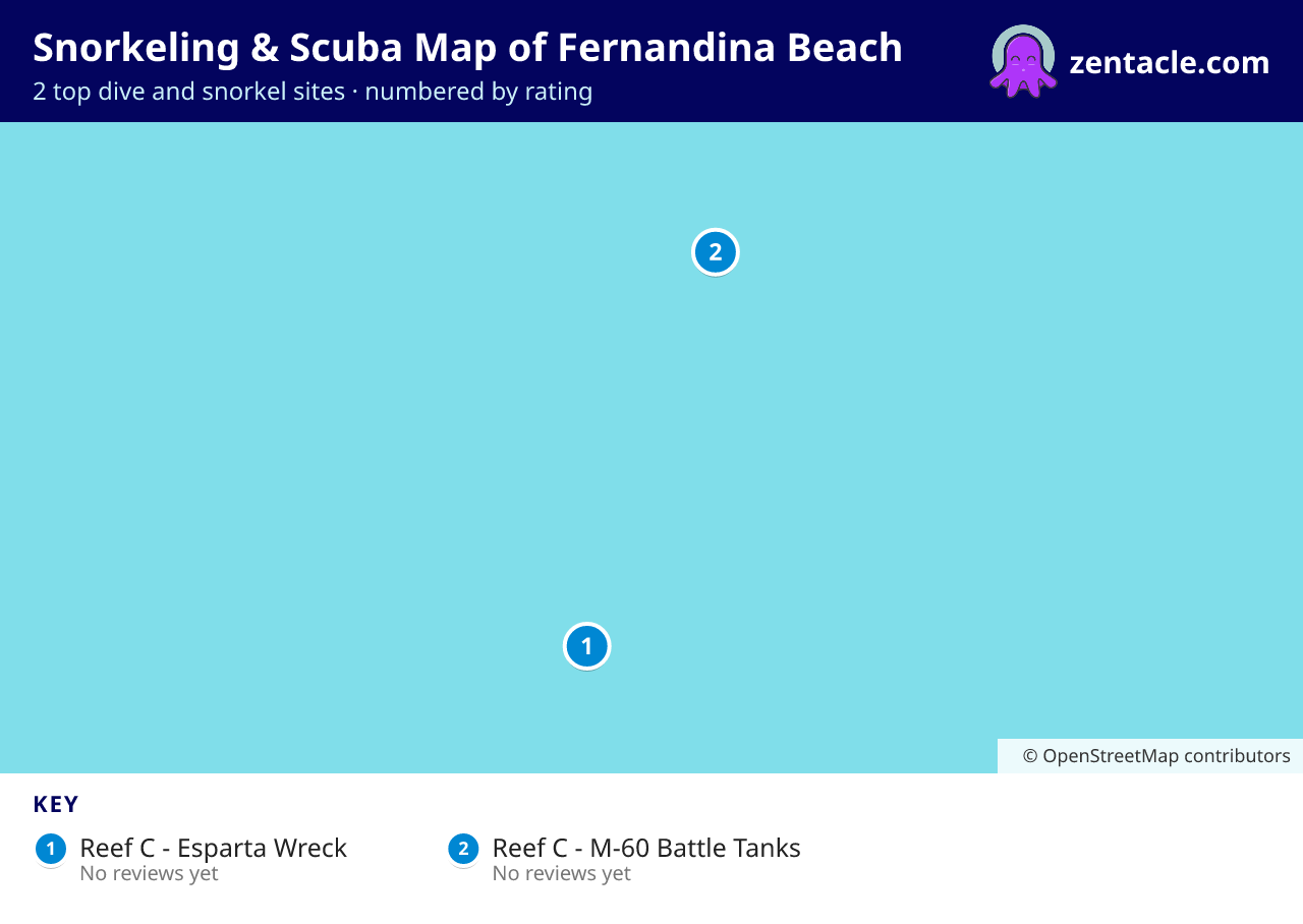 Snorkeling & Scuba Map of Fernandina Beach: numbered map of the top 2 dive and snorkel sites, with ratings
