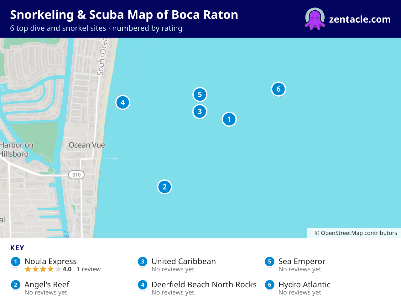 Snorkeling & Scuba Map of Boca Raton: numbered map of the top 6 dive and snorkel sites, with ratings