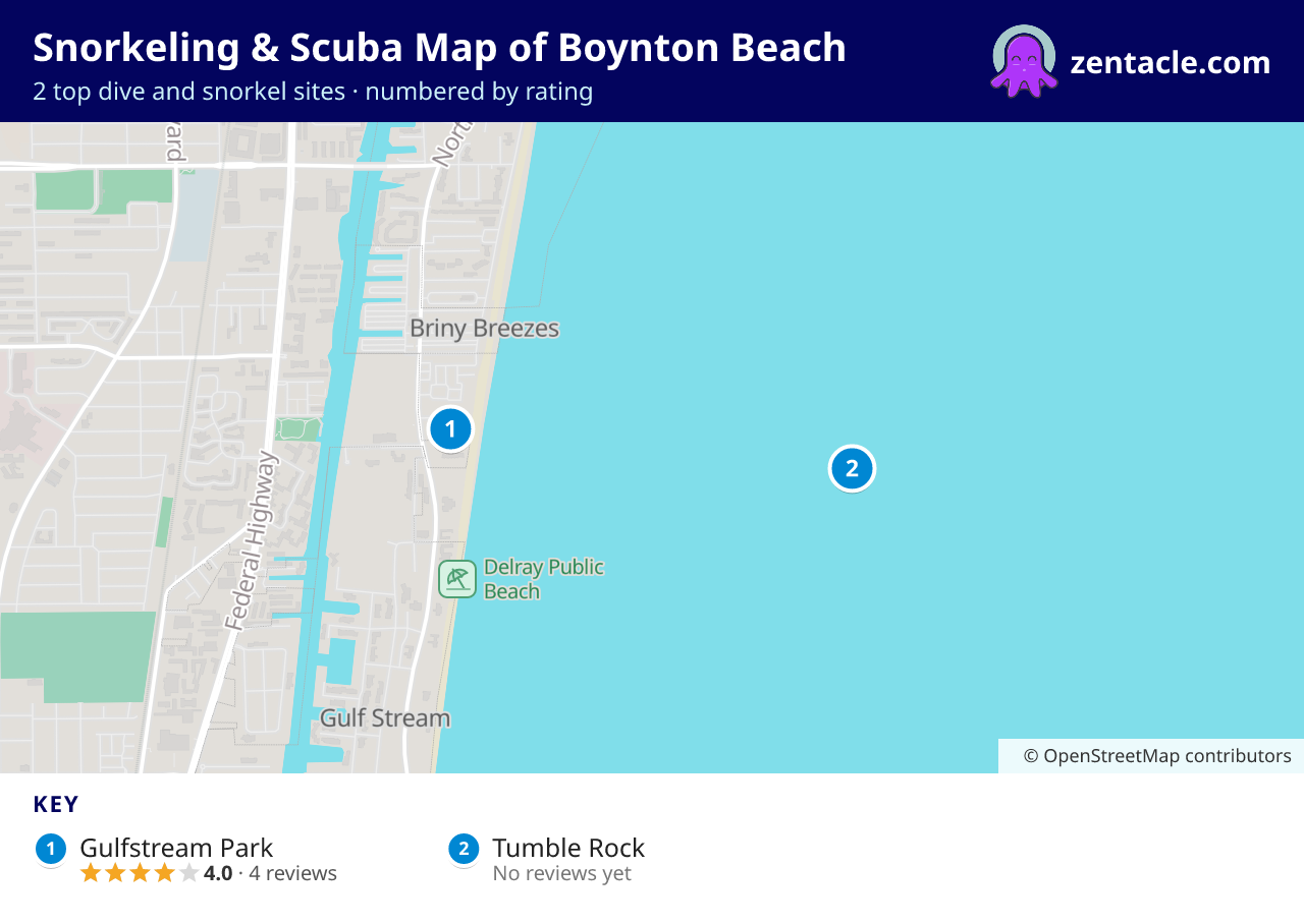 Snorkeling & Scuba Map of Boynton Beach: numbered map of the top 2 dive and snorkel sites, with ratings