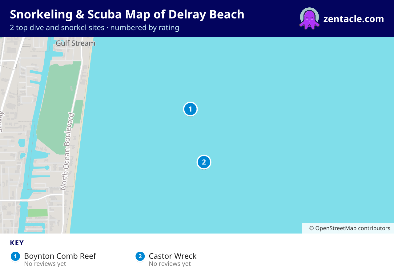Snorkeling & Scuba Map of Delray Beach: numbered map of the top 2 dive and snorkel sites, with ratings