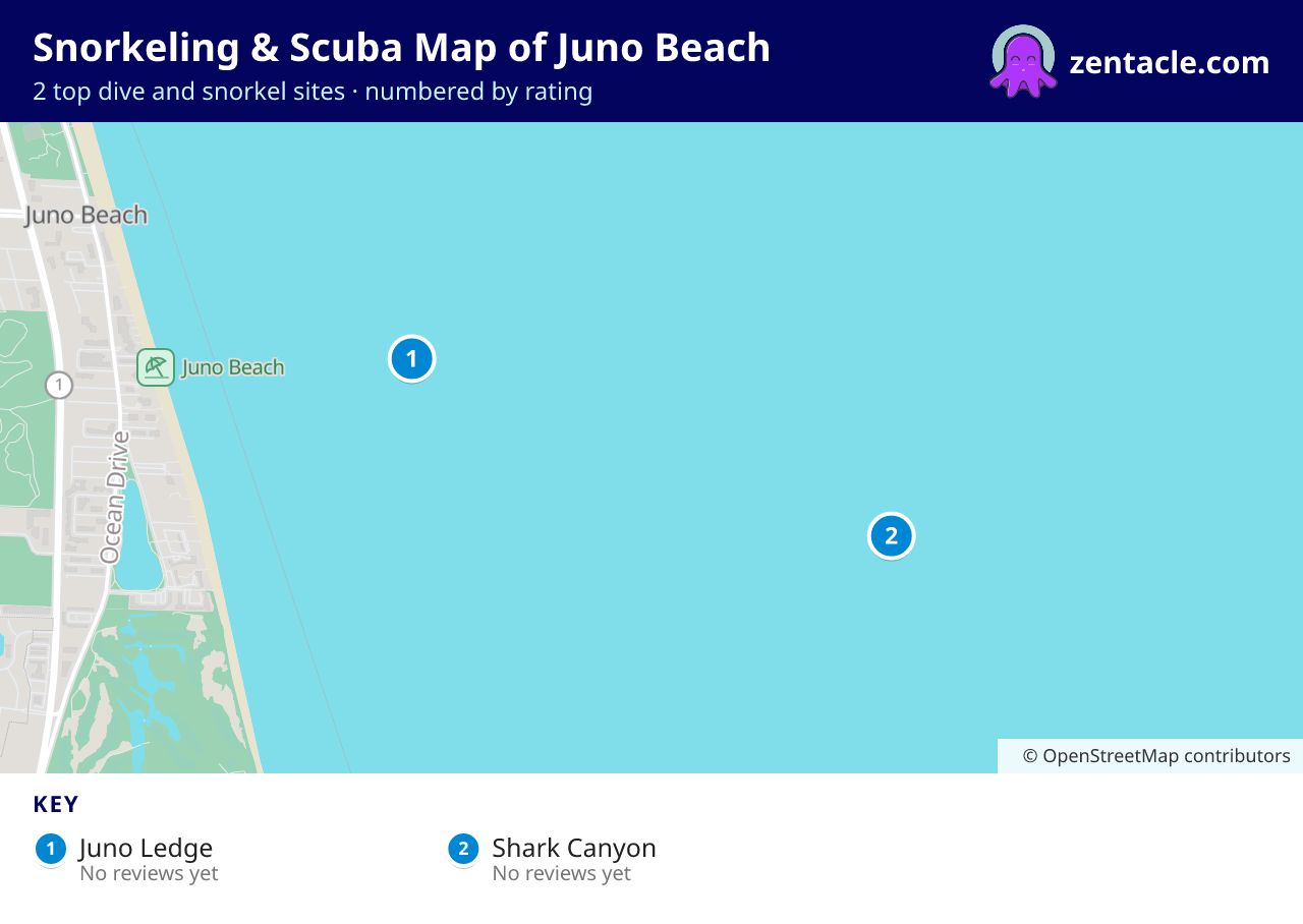 Snorkeling & Scuba Map of Juno Beach: numbered map of the top 2 dive and snorkel sites, with ratings