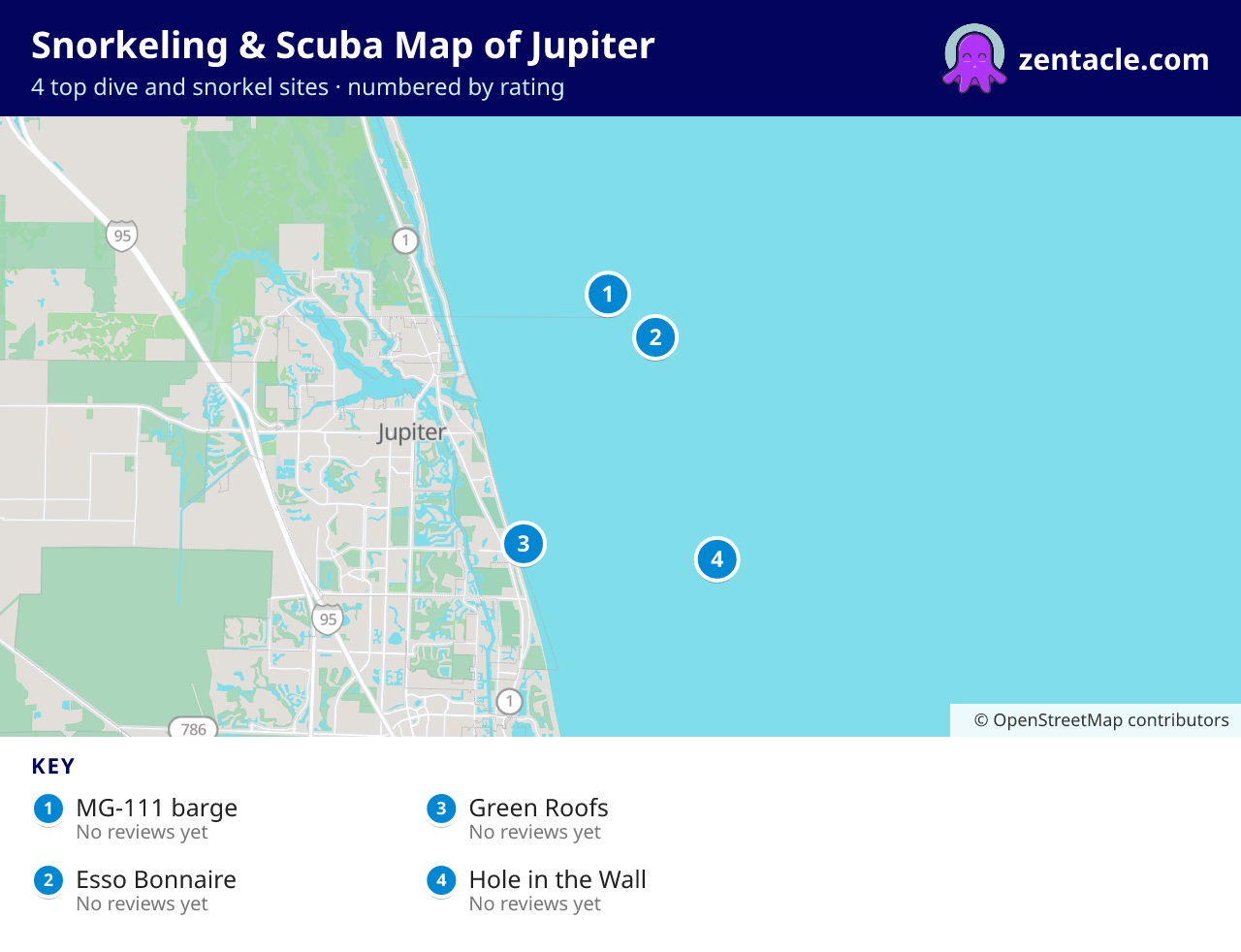 Snorkeling & Scuba Map of Jupiter: numbered map of the top 4 dive and snorkel sites, with ratings