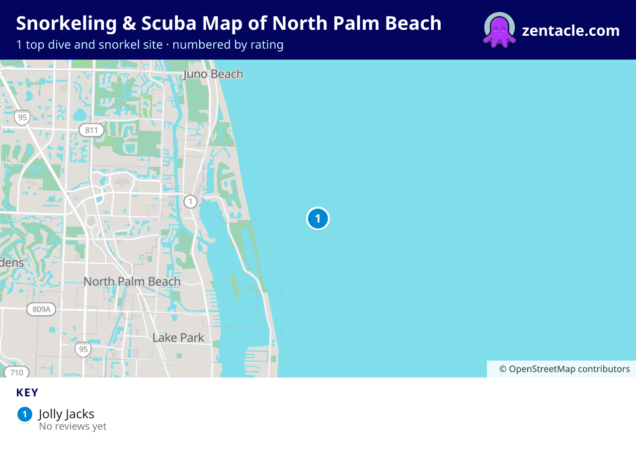 Snorkeling & Scuba Map of North Palm Beach: numbered map of the top 1 dive and snorkel sites, with ratings