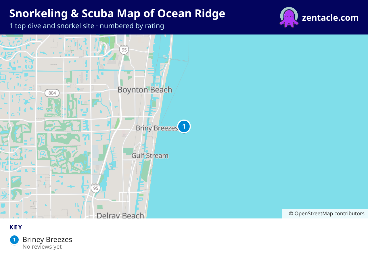 Snorkeling & Scuba Map of Ocean Ridge: numbered map of the top 1 dive and snorkel sites, with ratings